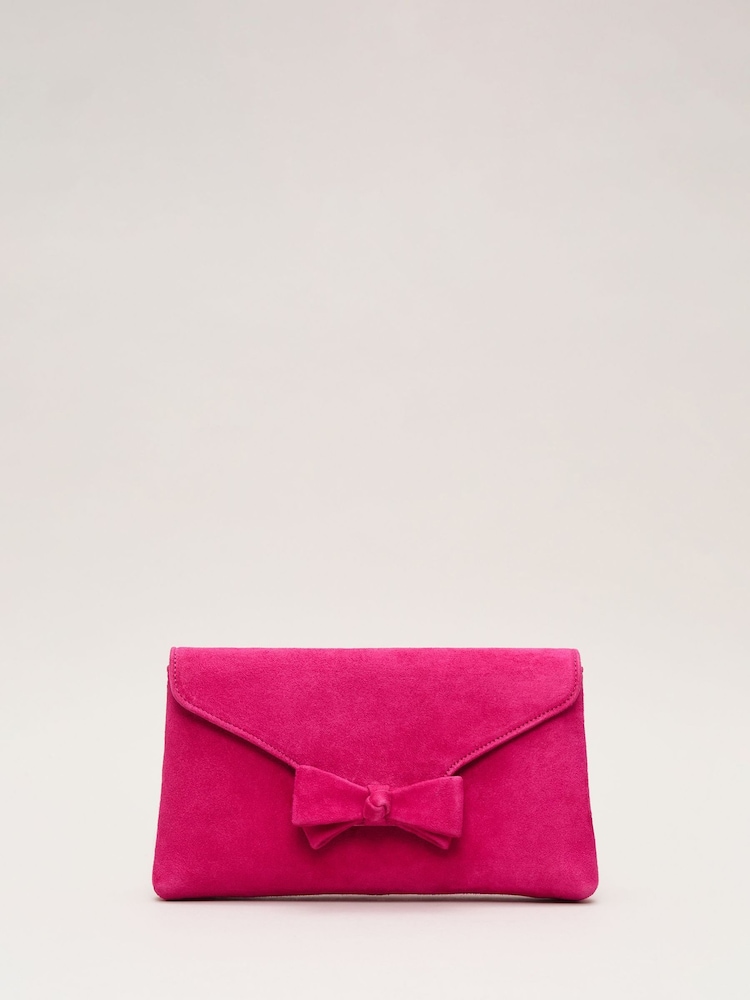 Phase Eight Pink Suede Bow Front Clutch - Image 1 of 8 Phase Eight Pink Suede Bow Front Clutch - Image 1 of 8