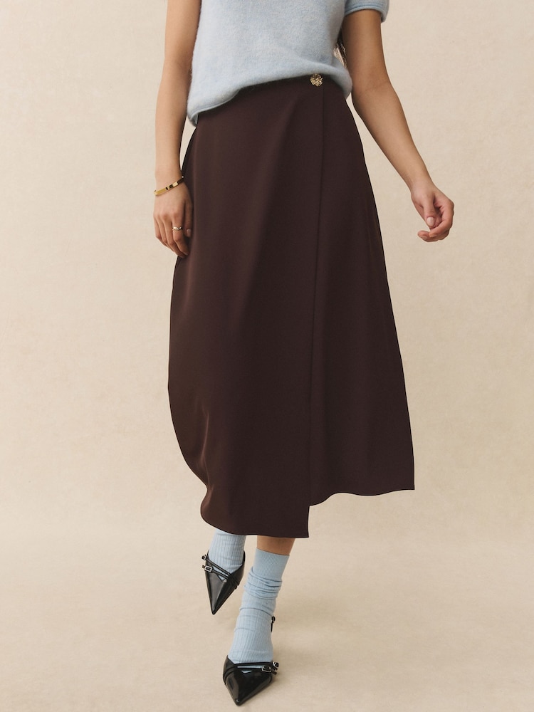 Chocolate Brown Midi Wrap Skirt - Image 2 of 8