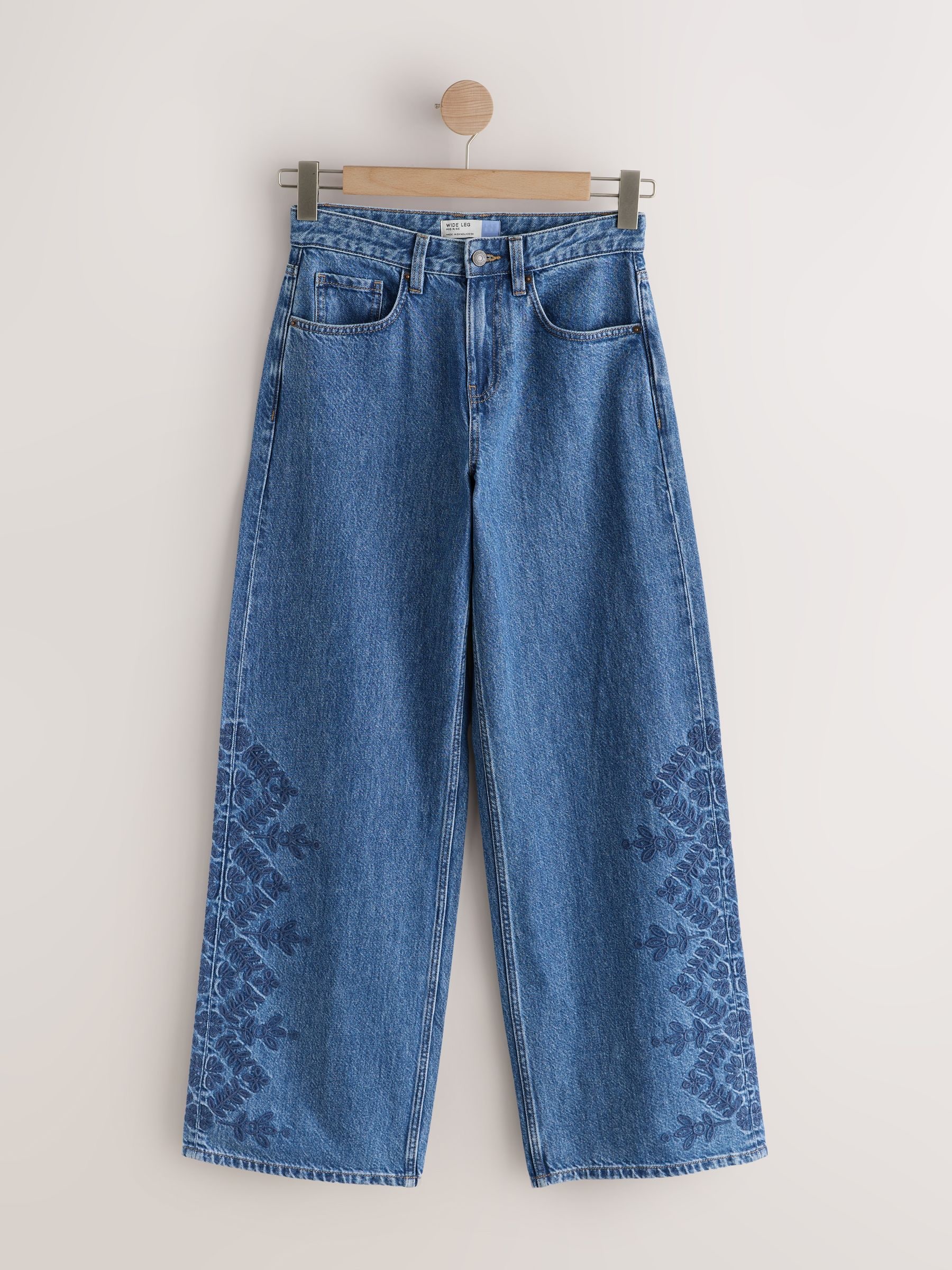 Buy Mid Blue Floral Embroidered Wide Leg Jeans from the Next UK