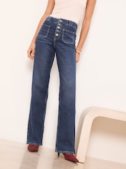 Lipsy Dark Blue Wash Petite Exposed Button Fly Patch Pocket Wide Leg Jeans - Image 1 of 5
