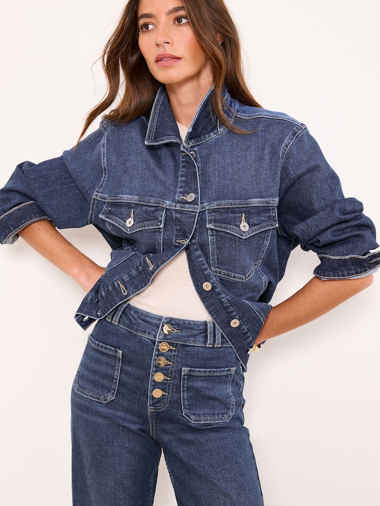 Lipsy Dark Blue Wash Petite Exposed Button Fly Patch Pocket Wide Leg Jeans - Image 2 of 5