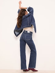 Lipsy Dark Blue Wash Petite Exposed Button Fly Patch Pocket Wide Leg Jeans - Image 4 of 5