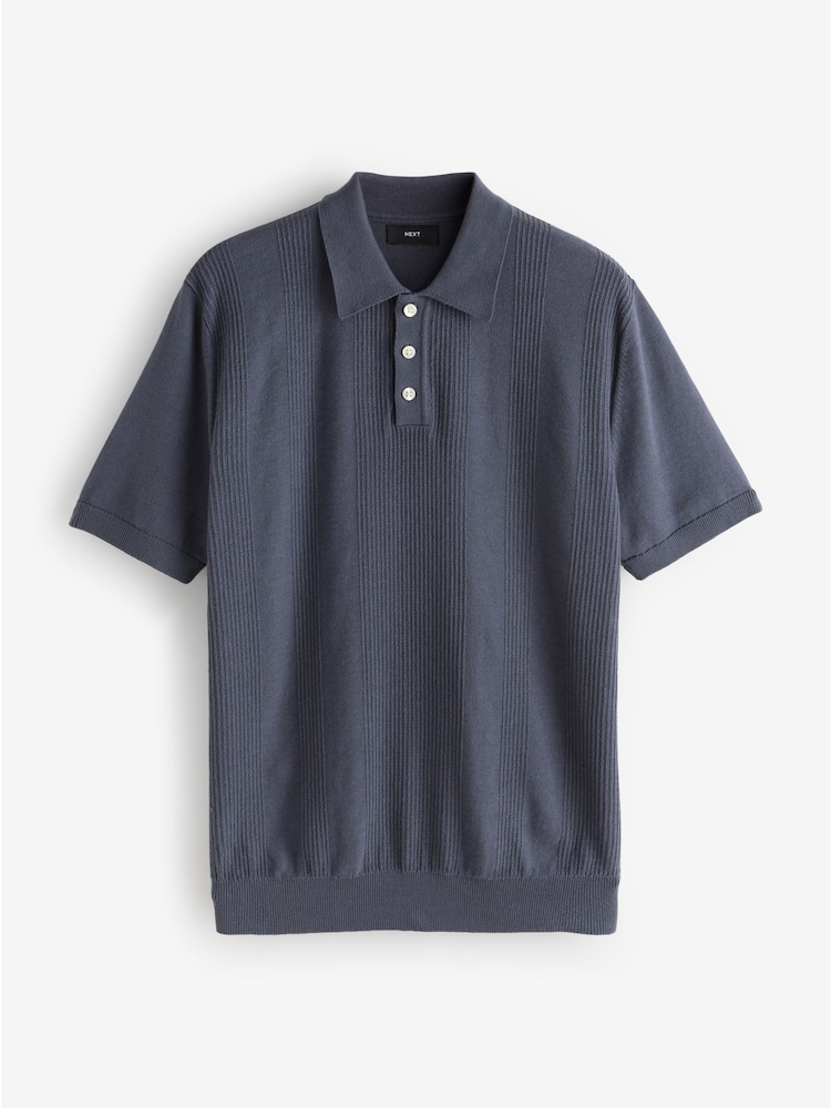 Navy Textured Short Sleeve Knit Polo Shirt - Image 1 of 1
