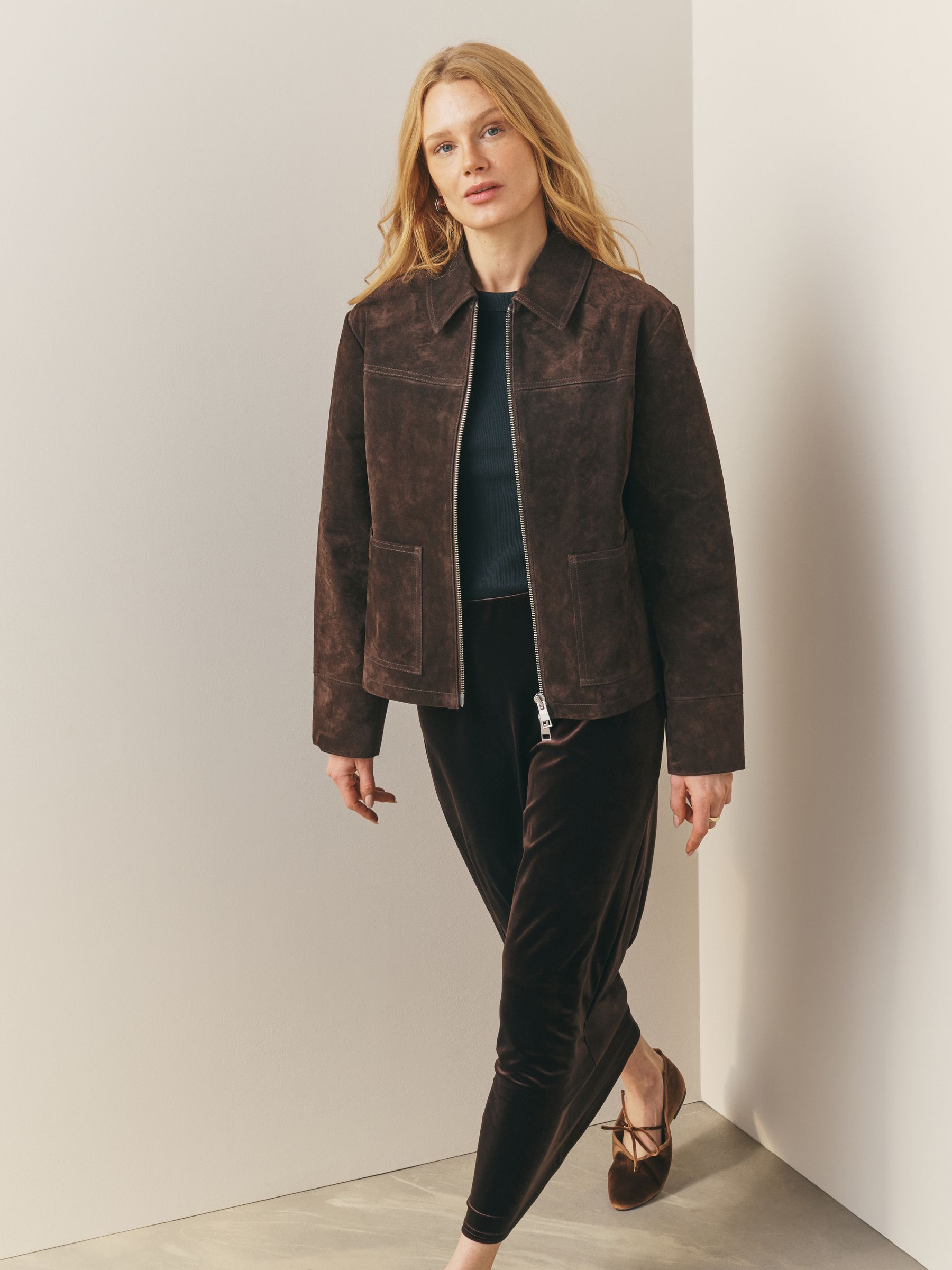 Buy Nothing Ordinary Chocolate Brown Suede Double Zip Collared