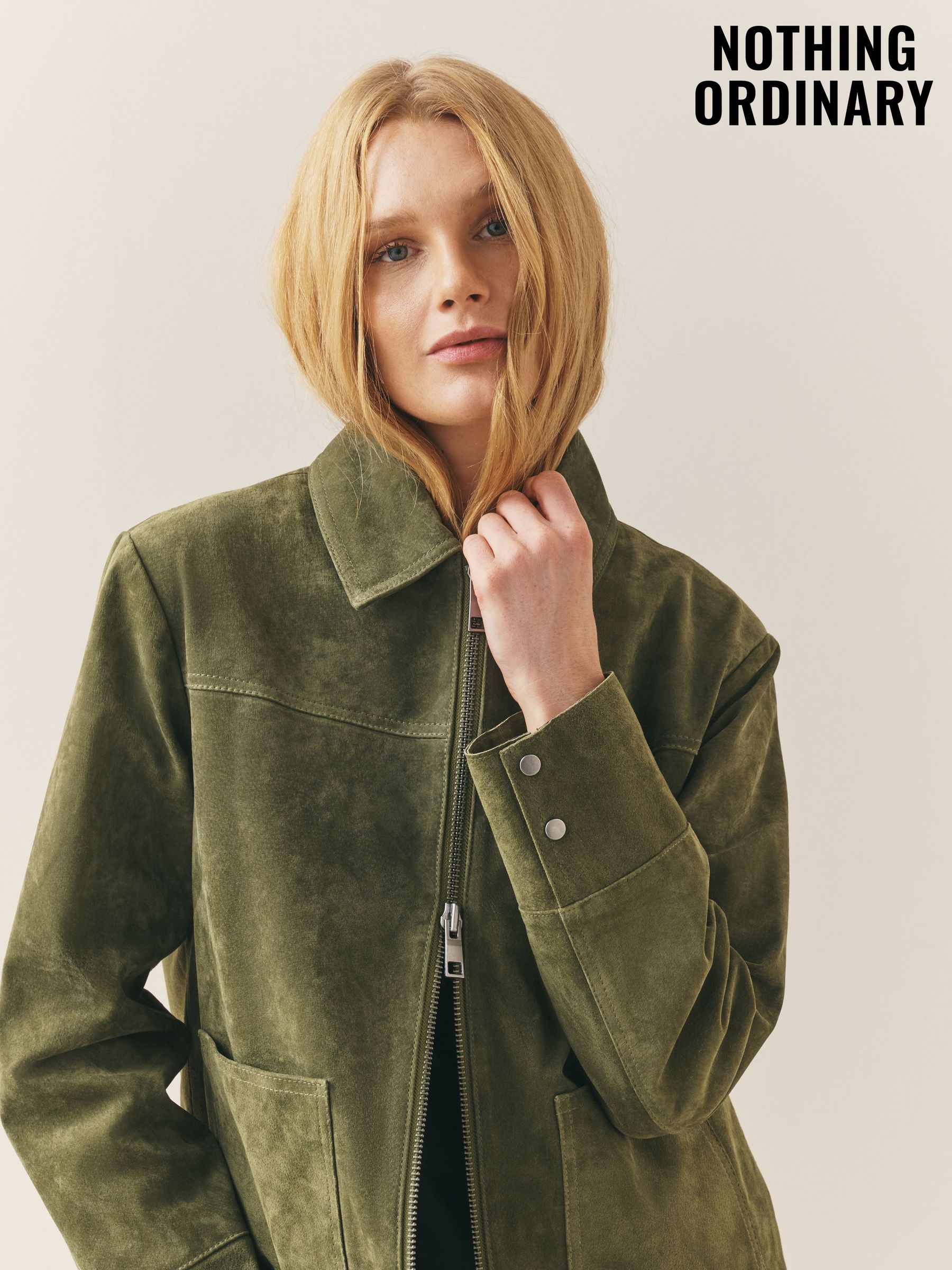 Buy Nothing Ordinary Green Suede Double Zip Collared Jacket from