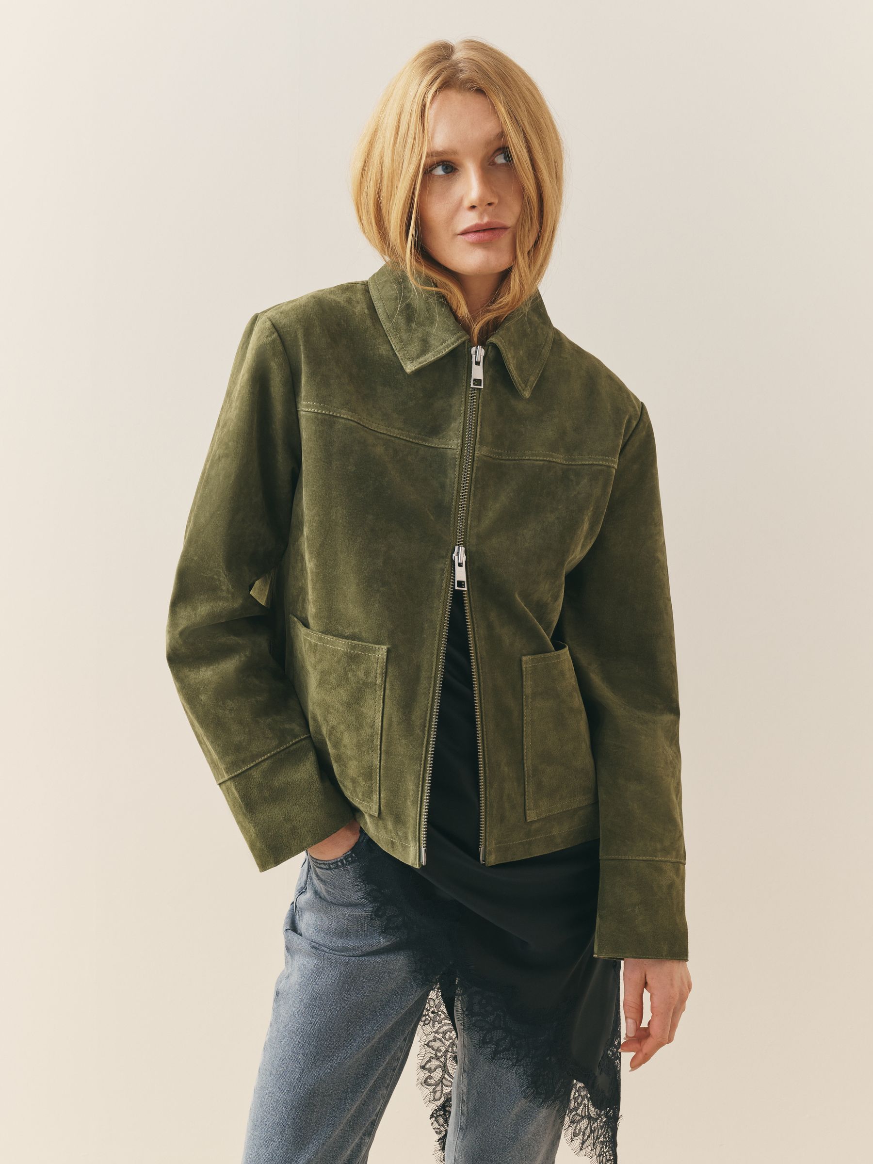 Buy Nothing Ordinary Green Suede Double Zip Collared Jacket from