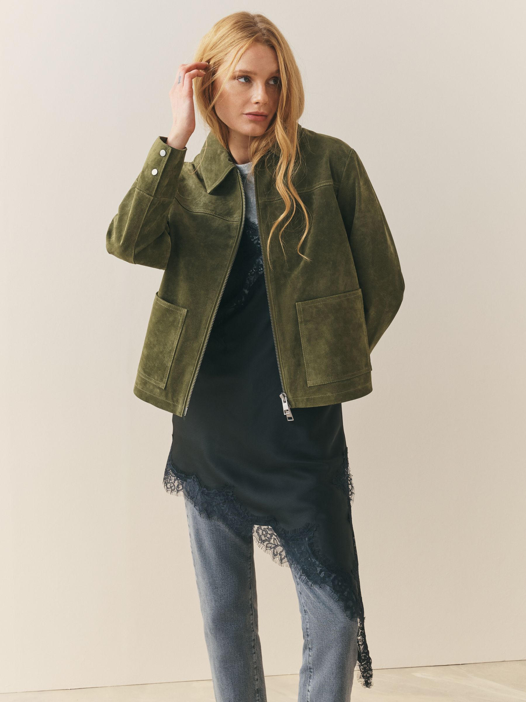 Buy Nothing Ordinary Green Suede Double Zip Collared Jacket from