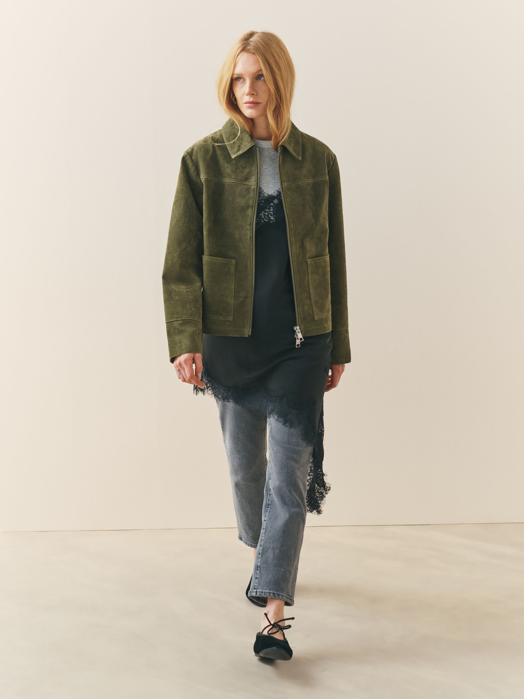 Buy Nothing Ordinary Green Suede Double Zip Collared Jacket from