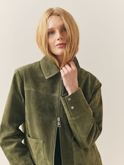 Nothing Ordinary Green Suede Double Zip Collared Jacket - Image 4 of 9