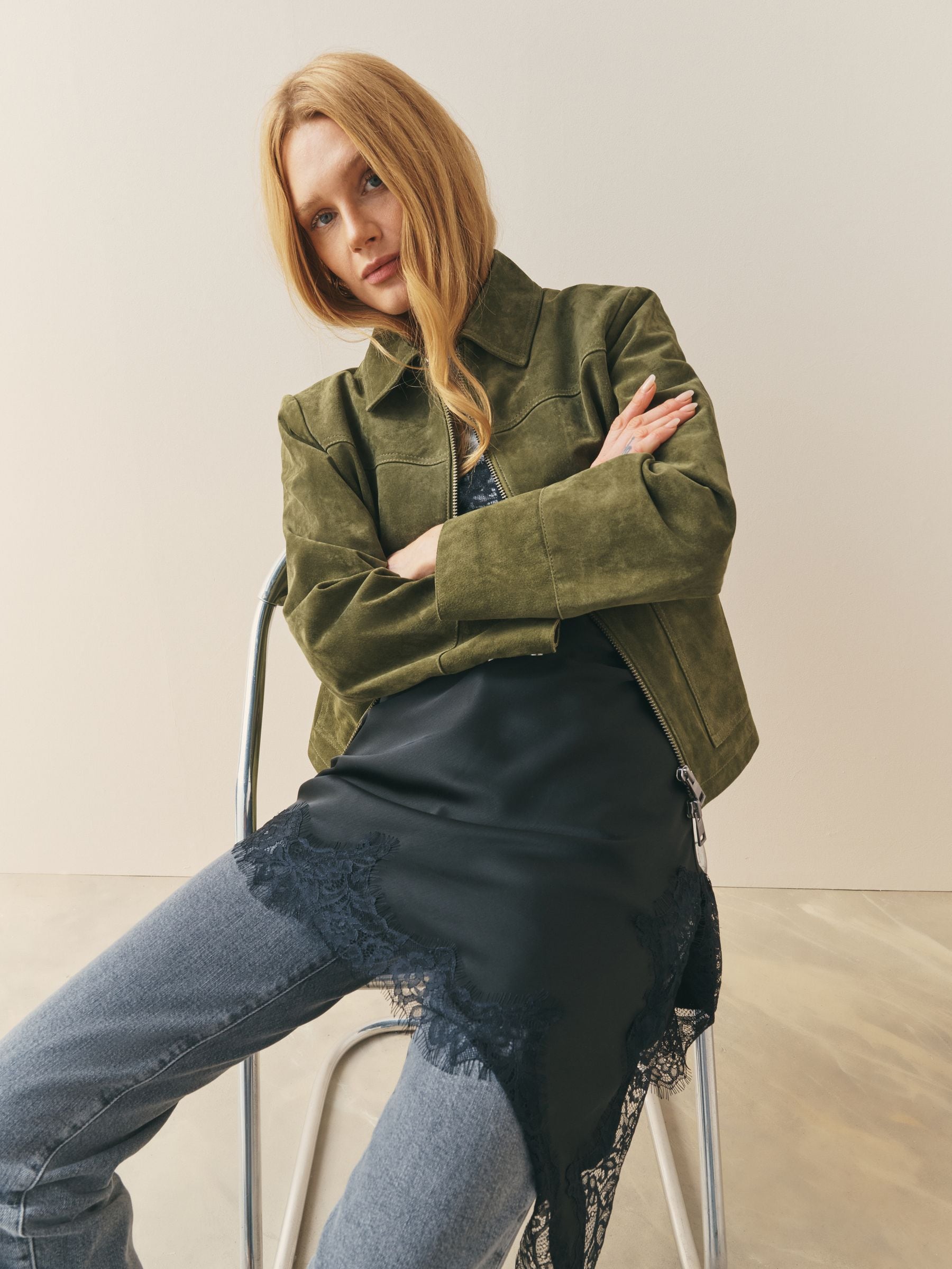 Buy Nothing Ordinary Green Suede Double Zip Collared Jacket from