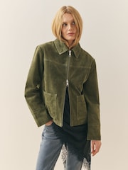 Nothing Ordinary Green Suede Double Zip Collared Jacket - Image 5 of 9