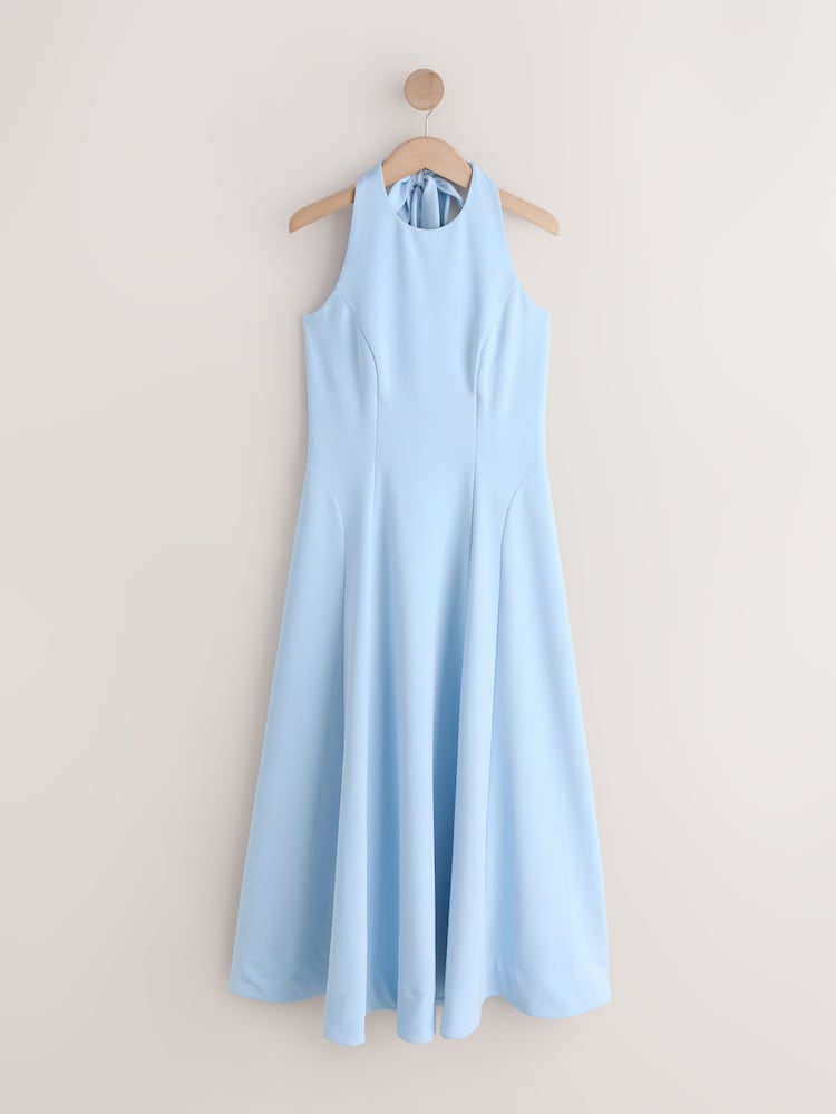 art deco cocktail dress with halter neck in dusty emerald Amedeo Plunge Halter Neck Maxi Dress