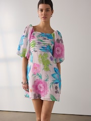 Pink/Blau Floral  Print - Minikleid für besondere Anlässe mit Puffärmeln - Bild 1 von 7