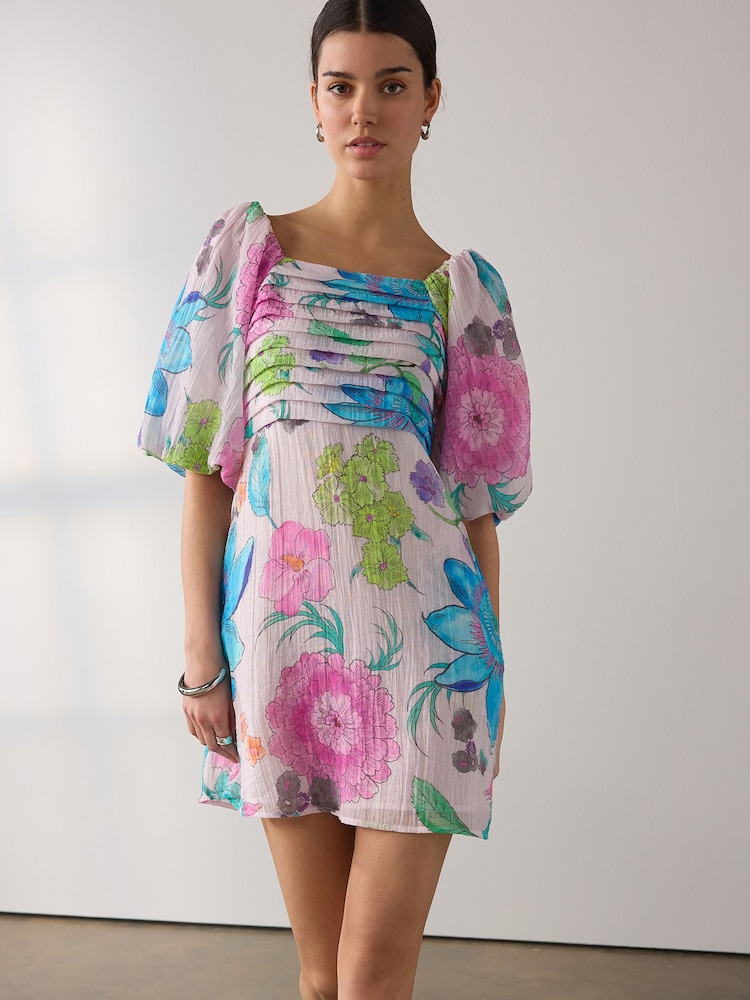 Pink/Blau Floral  Print - Minikleid für besondere Anlässe mit Puffärmeln - Bild 1 von 7