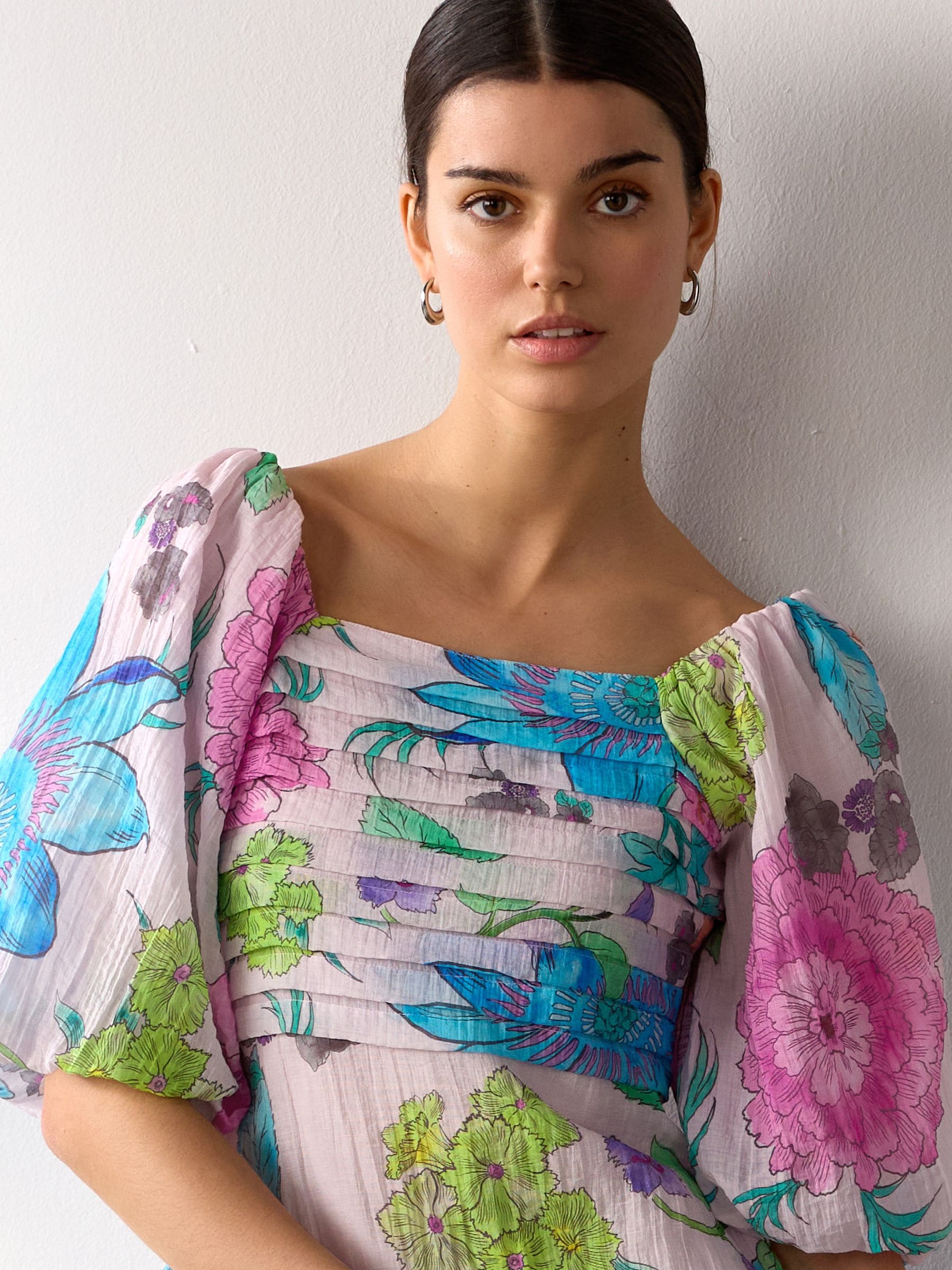 Buy Pink/Blue Floral Print Puff Sleeve Mini Occasion Dress from