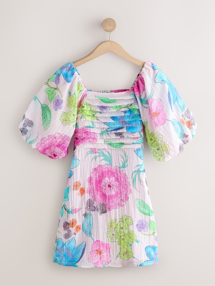 Pink/Blau Floral  Print - Minikleid für besondere Anlässe mit Puffärmeln - Bild 7 von 7