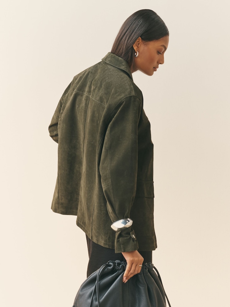 Nothing Ordinary Olive Green Suede Front Pocket Detail Barn Jacket - Image 2 of 5