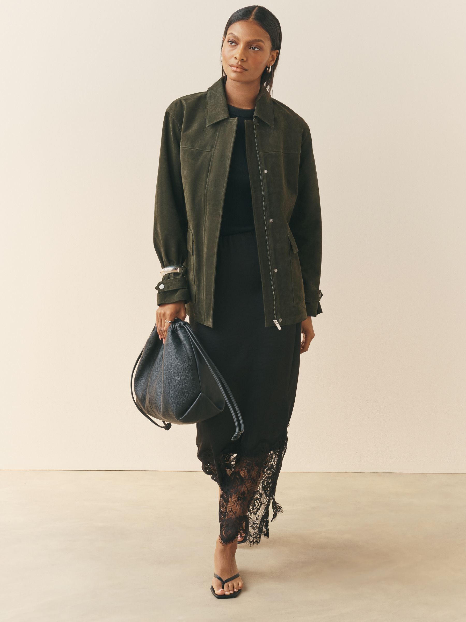 Buy Nothing Ordinary Olive Green Suede Front Pocket Detail Barn