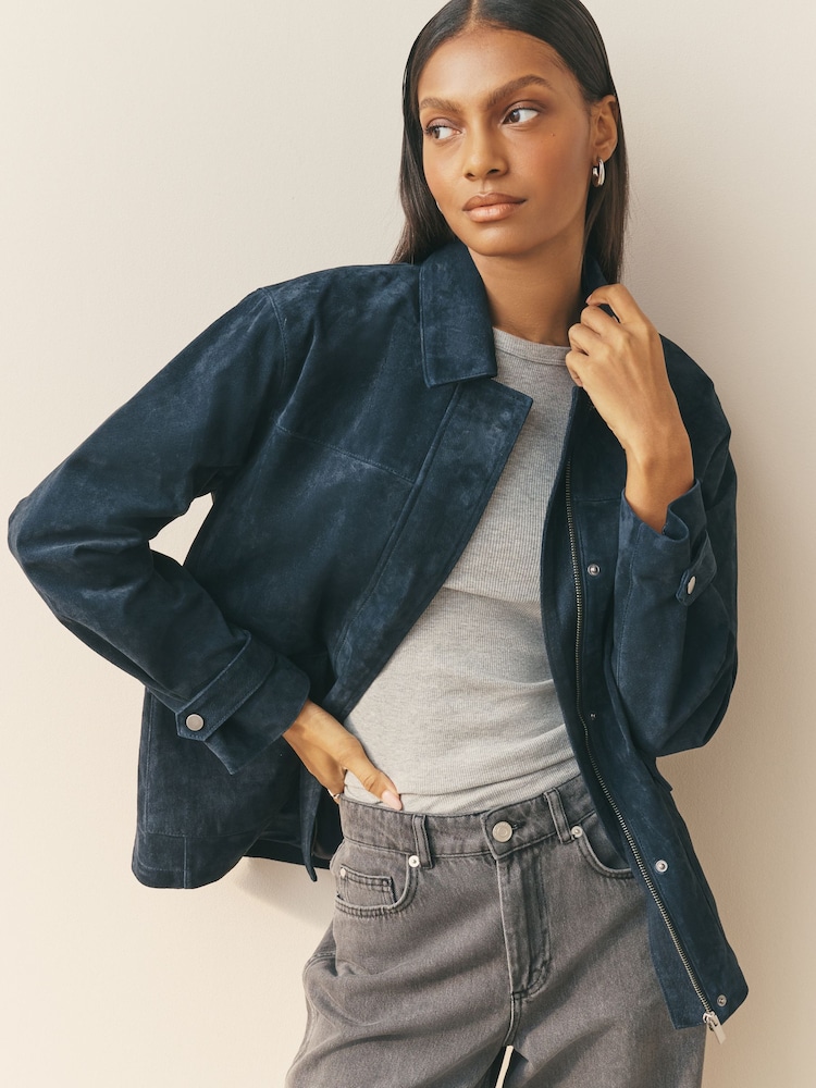 Nothing Ordinary Navy Suede Front Pocket Detail Barn Jacket - Image 1 of 5
