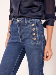 Lipsy Dark Wash Blue Petite Sailor Button Flared Leg Jeans - Image 2 of 5