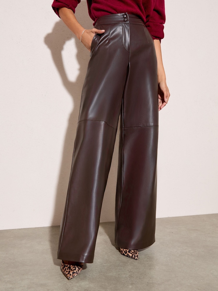 Friends Like These X Lucy Mecklenburgh Chocolate Brown Petite Faux Leather Tailored Wide Leg Trousers - Image 1 of 3