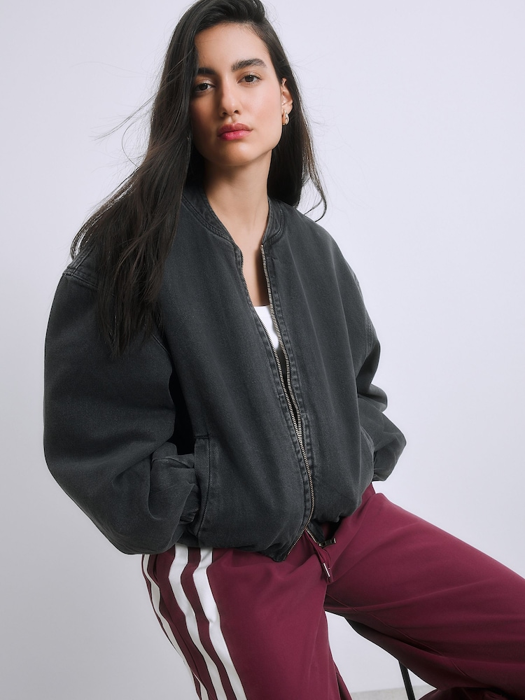 Black Denim Zip Through Bomber Jacket - Image 1 of 8 Black Denim Zip Through Bomber Jacket - Image 1 of 8