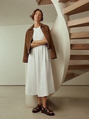 White Linen Shirred Midi Summer Dress - Image 1 of 9