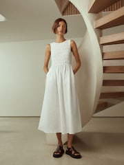 White Linen Shirred Midi Summer Dress - Image 2 of 9