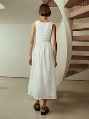 White Linen Shirred Midi Summer Dress - Image 3 of 9