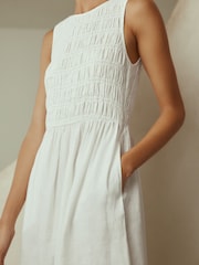 White Linen Shirred Midi Summer Dress - Image 5 of 9