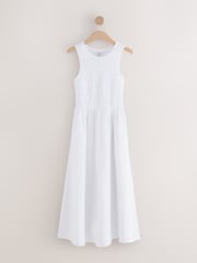 White Linen Shirred Midi Summer Dress - Image 6 of 9
