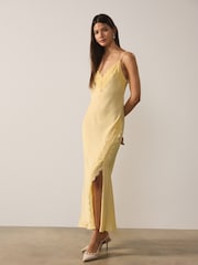 Yellow Strappy Satin Cami Midi Dress With Lace Trim - Image 1 of 5
