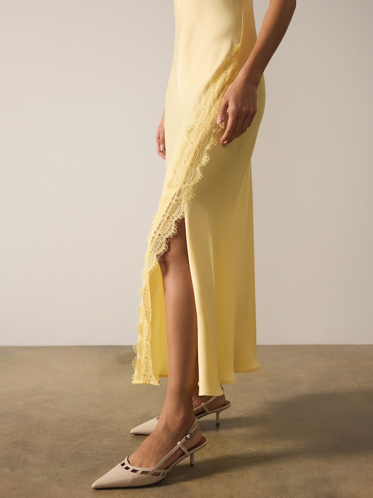 Womens Next Yellow Strappy Satin Cami Midi Dress With Lace Trim US 4
