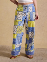 Joules Bella Blue Yellow Hotchpotch Pull On Cotton Trousers - Image 1 of 8