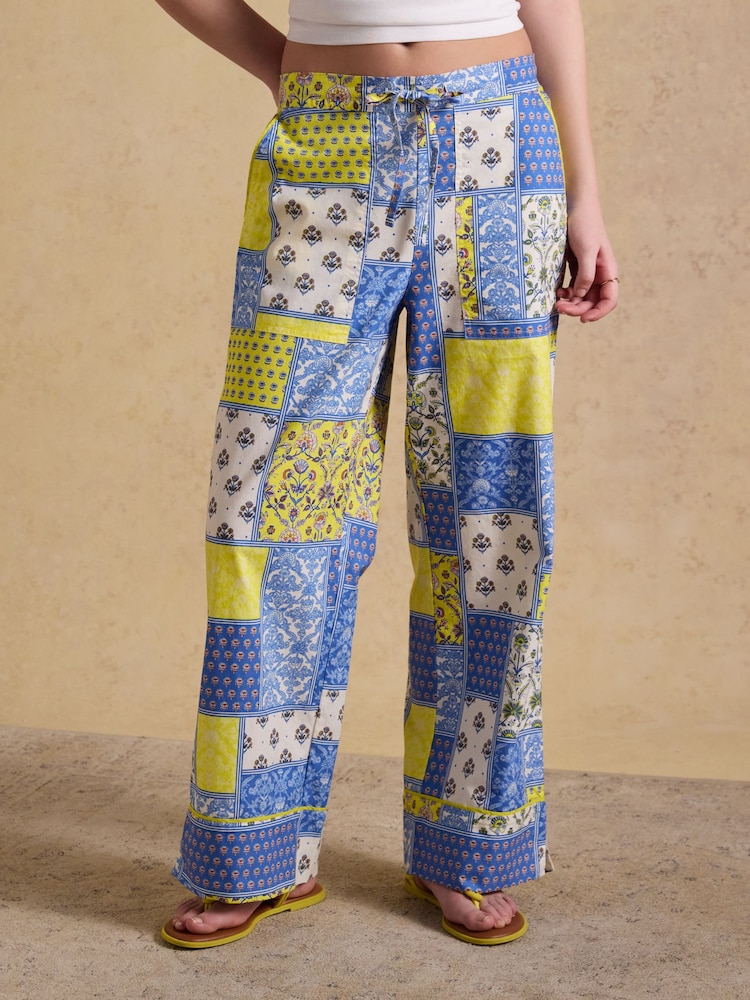 Joules Bella Blue Yellow Hotchpotch Pull On Cotton Trousers - Image 1 of 8