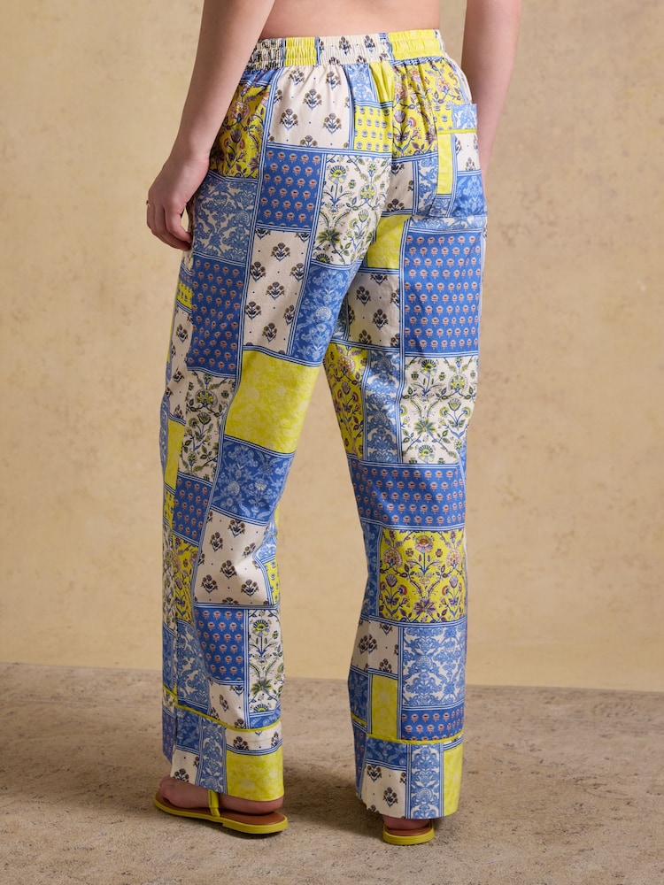 Joules Bella Blue Yellow Hotchpotch Pull On Cotton Trousers - Image 2 of 8