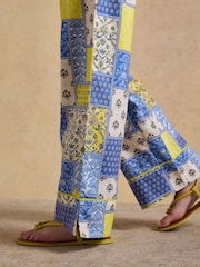 Joules Bella Blue Yellow Hotchpotch Pull On Cotton Trousers - Image 3 of 8