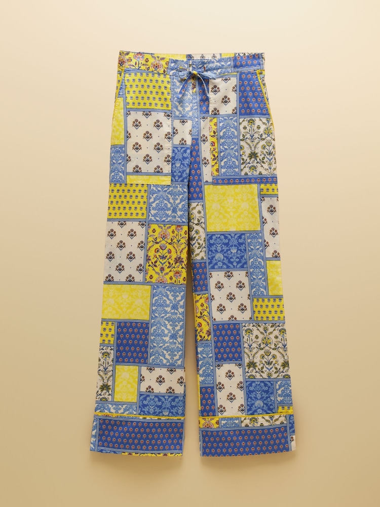 Joules Bella Blue Yellow Hotchpotch Pull On Cotton Trousers - Image 8 of 8