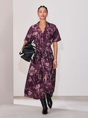 Plum Purple Floral Printed Short Sleeve Utility Midi Dress - Image 1 of 6
