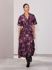 Plum Purple Floral Printed Short Sleeve Utility Midi Dress - Image 2 of 6