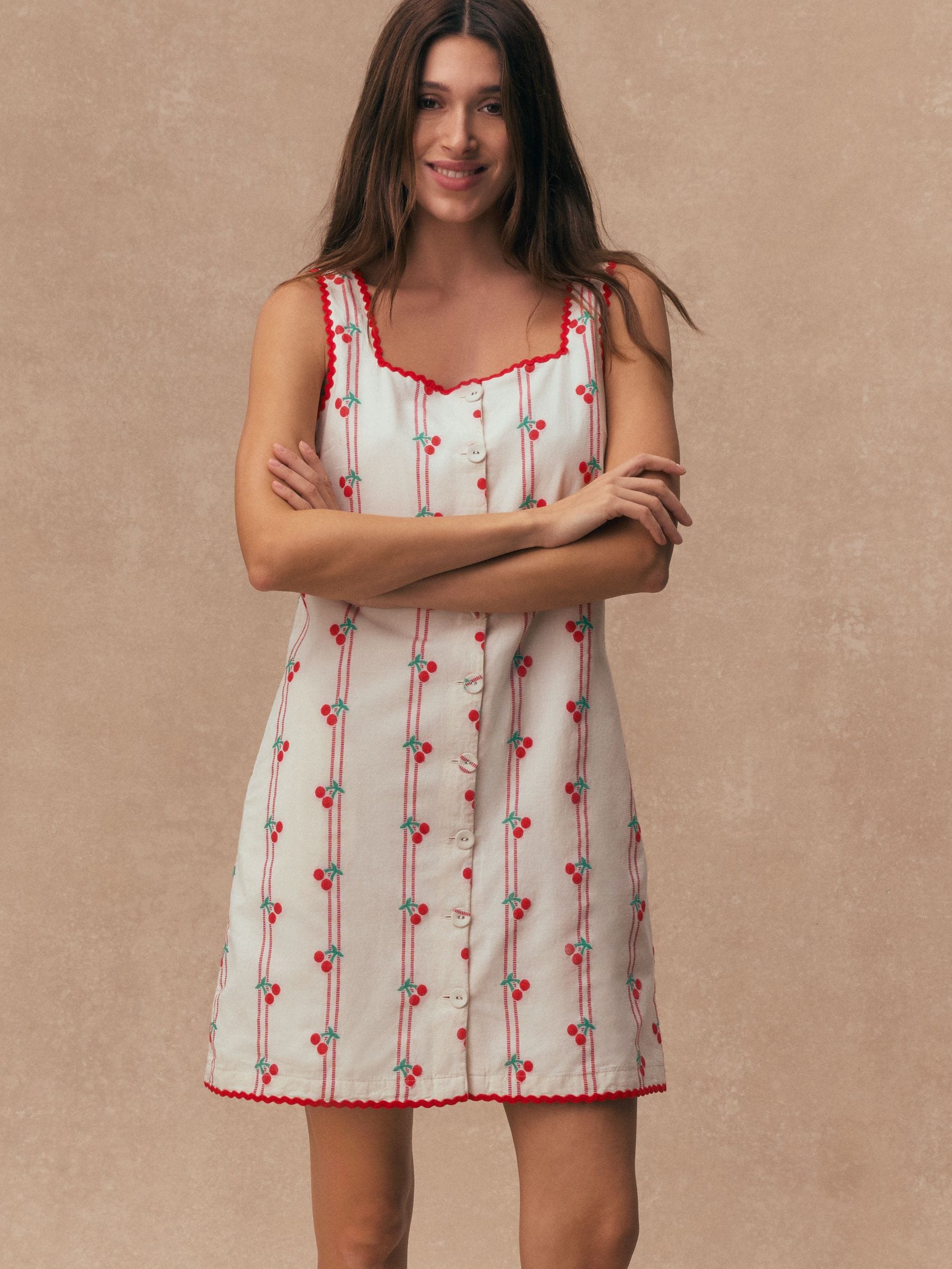 Buy Ecru/Red Cherry Jacquard Square Neck Button Down Mini Shift Buy Ecru/Red Cherry Jacquard Square Neck Button Down Mini Shift