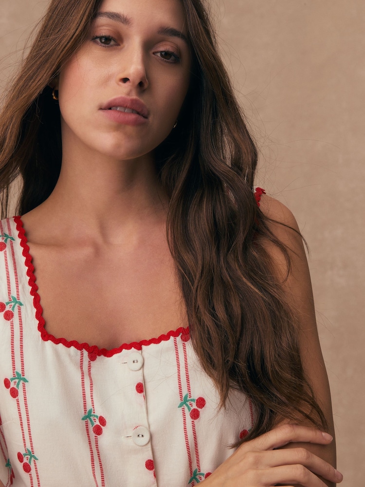 Buy Ecru/Red Cherry Jacquard Square Neck Button Down Mini Shift Dress from  Next USA