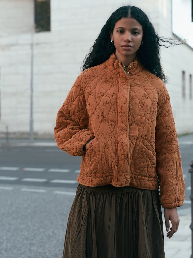 Rust Brown Embroidered Quilted Jacket - Image 2 of 8