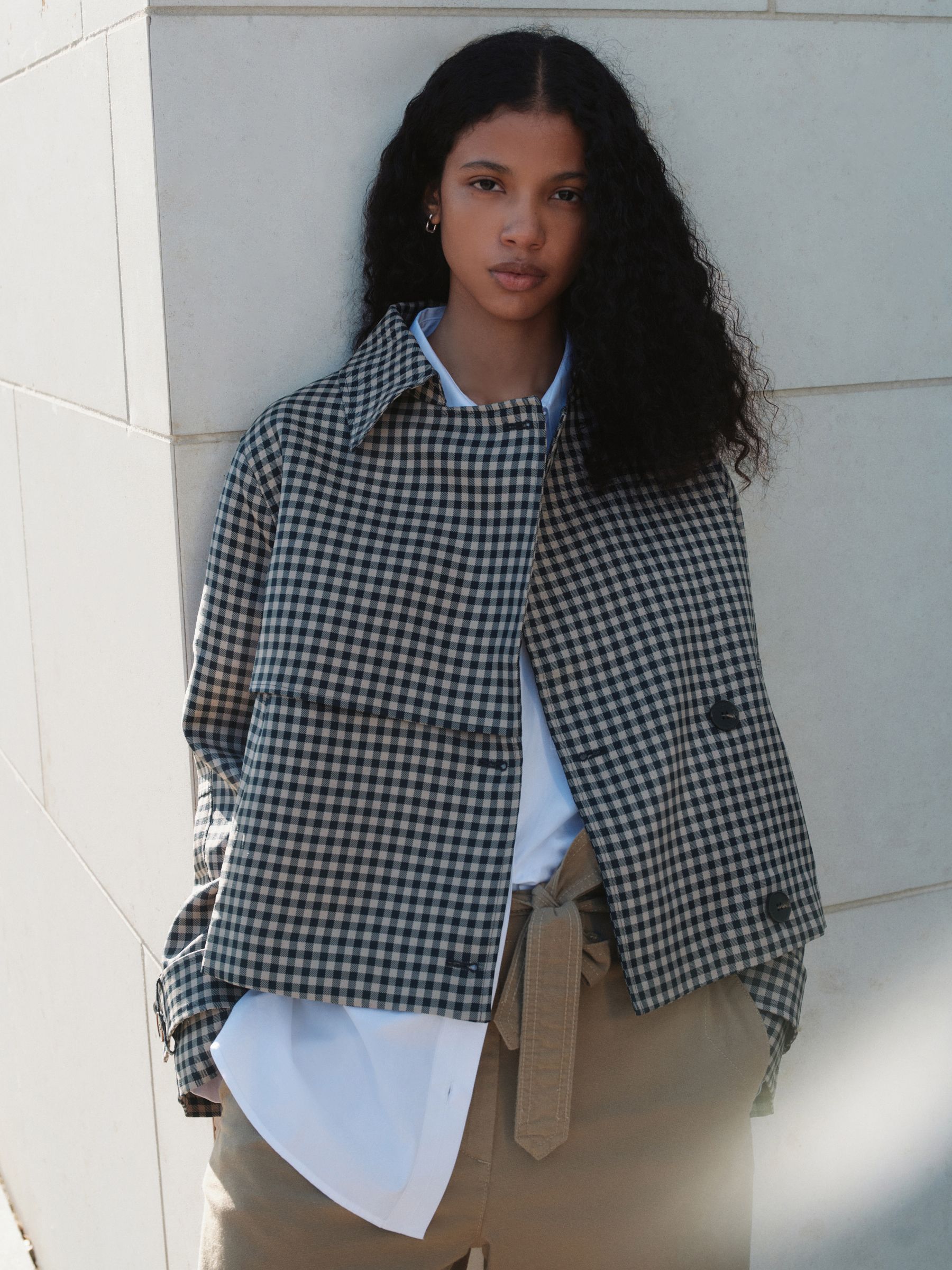 Buy Navy Blue Check Cropped Trench Coat from Next USA