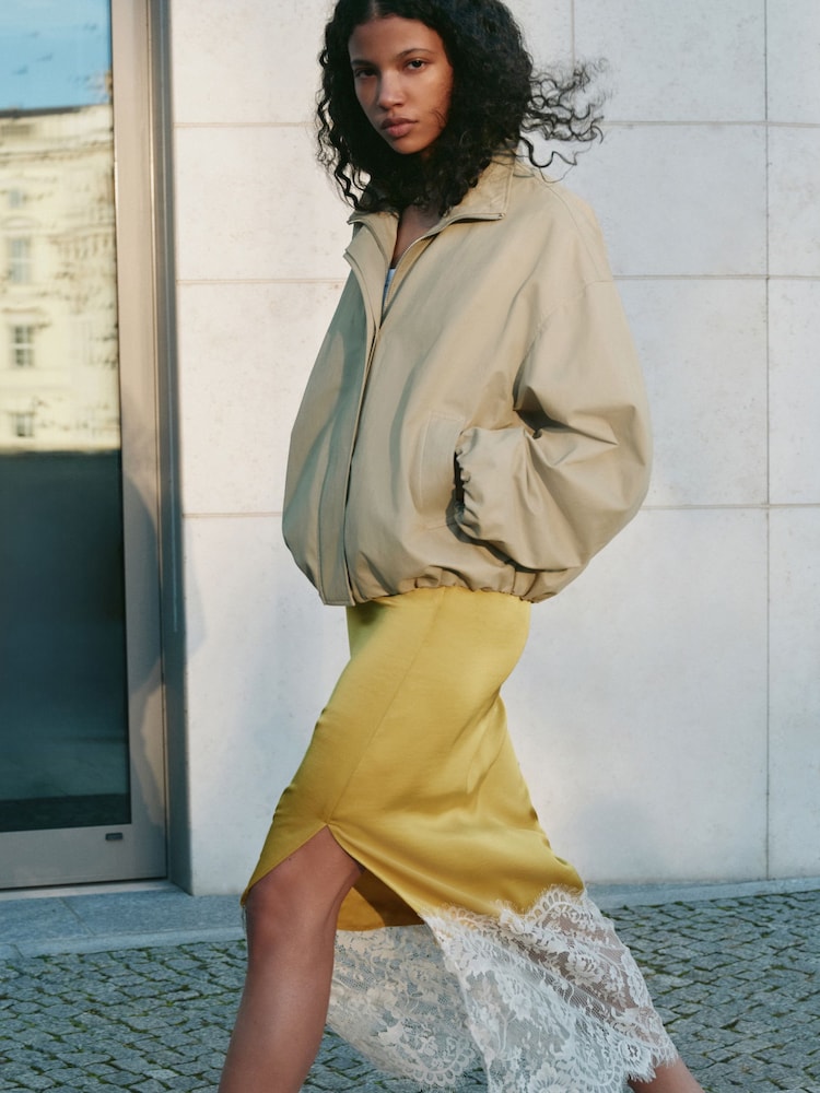 Sage Green Cotton Funnel Neck Bomber Jacket - Image 1 of 10