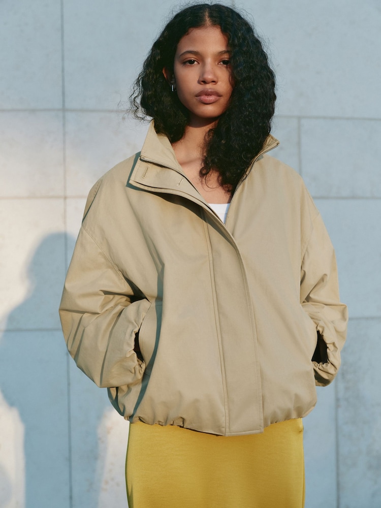 Sage Green Cotton Funnel Neck Bomber Jacket - Image 2 of 10