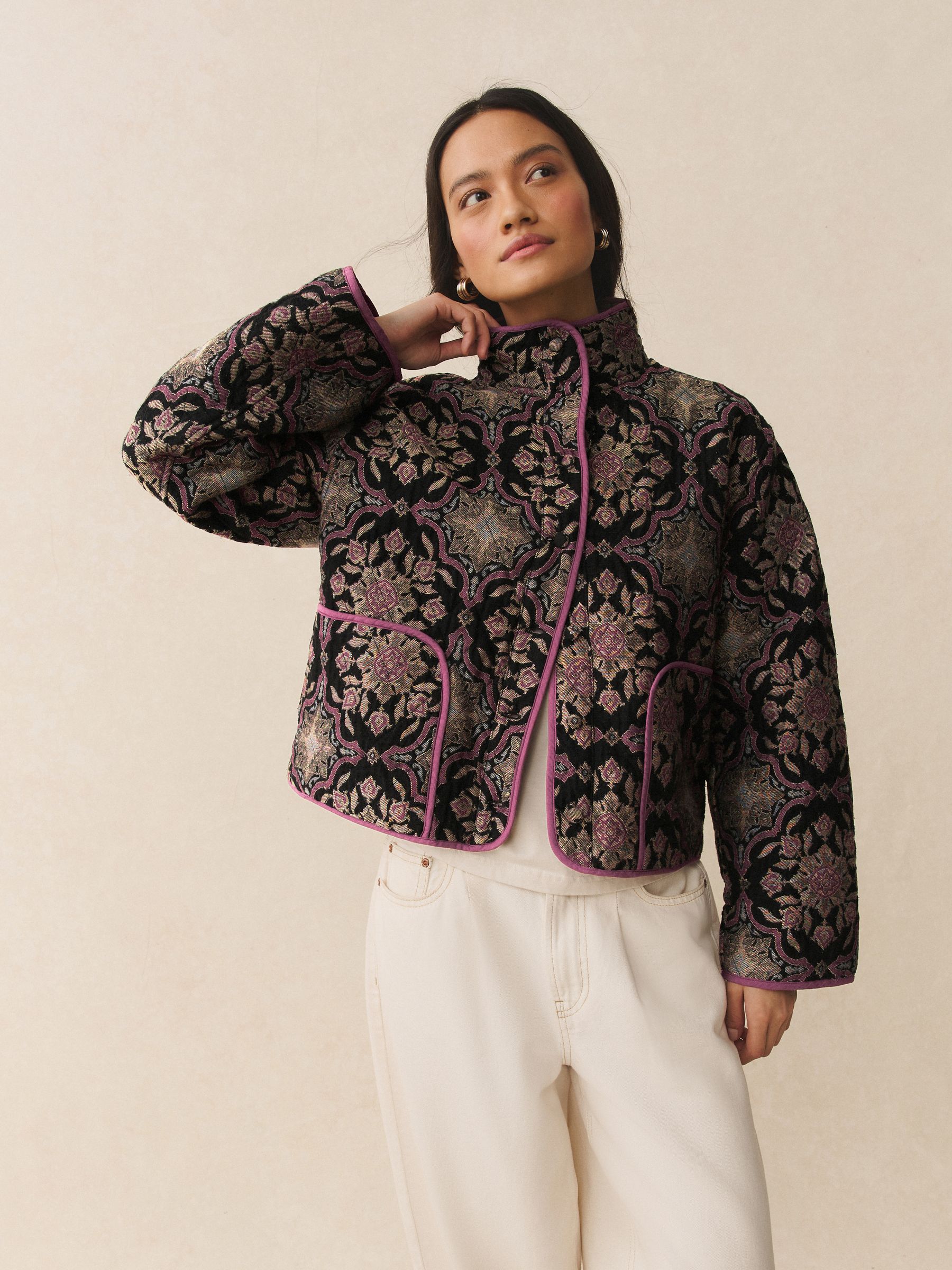 Buy Jacquard Print Quilted Funnel Neck Jacket from Next Luxembourg