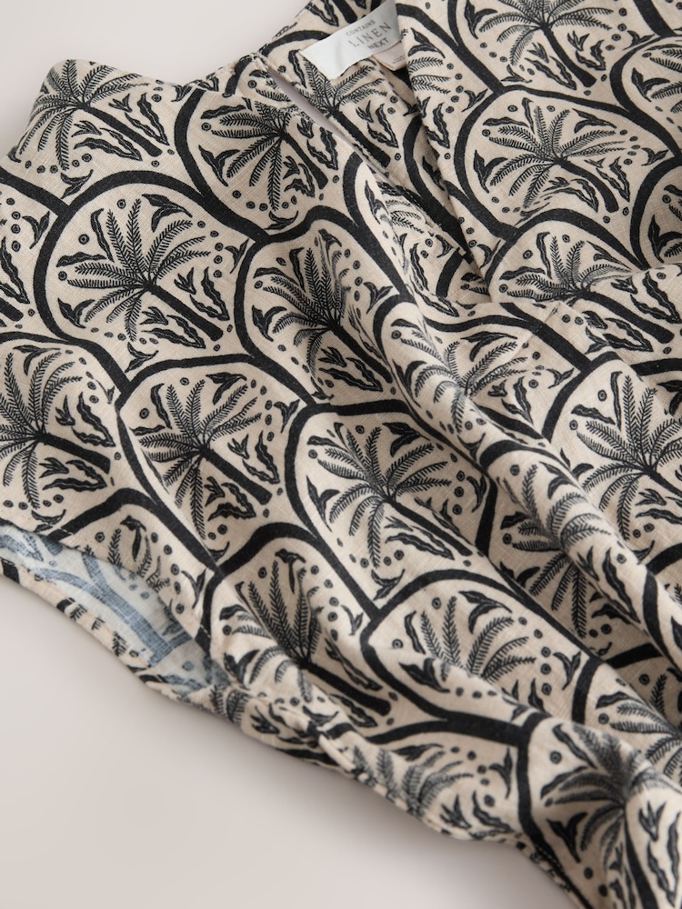 Black/White Palm Print Mini Short Sleeve V-Neck Kaftan Dress with Linen - Image 2 of 3