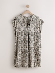 Black/White Palm Print Linen Blend Mini Short Sleeve V-Neck Kaftan Dress - Image 6 of 8