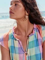 Rozā un zilā rūtainā rūtiņa - Daudzslāņu mini kleita ar V veida kakla izgriezumu un linu - Attēls 5 no 9